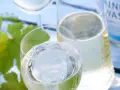 Erfrischendes Weinschorle-Rezept: Weißwein und Mineralwasser in Gläsern, daneben eine Karaffe und eine Flasche Mineralwasser. Grüne Weinblätter im Hintergrund.