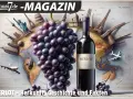 Eine Flasche Merlot-Wein neben einer Traube, vor einer Weltkarte mit Wahrzeichen. Die Traube symbolisiert die globale Reise des Merlot.