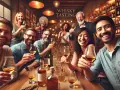 Fröhliche Menschen genießen eine Whisky-Verkostung. Sie halten Gläser mit bernsteinfarbener Flüssigkeit und lächeln. Man fragt sich, wie schmeckt whiskey?