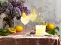 Zwei Gläser mit Eis und Zitronenscheiben, eine Flasche Limoncello und frische Zitronen auf einem rosafarbenen Tischtuch. Ein Hauch von Frühling mit Flieder.
