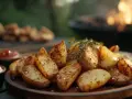 Knusprige Kartoffelspalten aus dem Ofen, garniert mit frischen Kräutern, bereit zum Dippen.