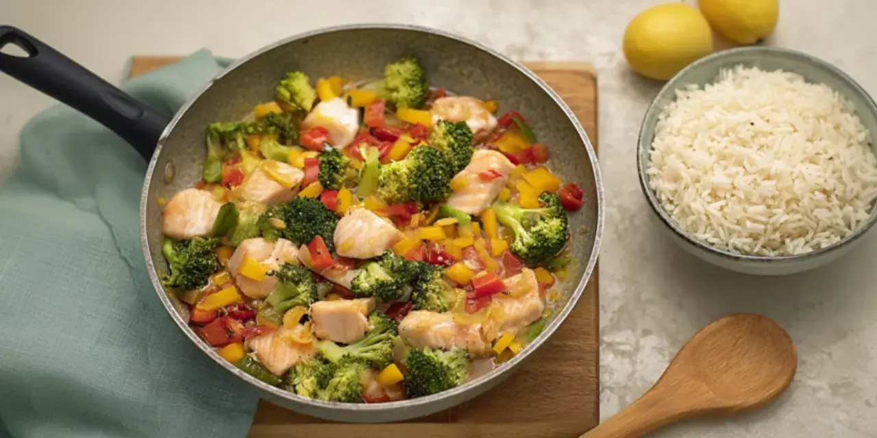 Leckeres Fischpfanne Rezept mit Lachs, Brokkoli und Paprika. Dazu eine Schüssel Reis.