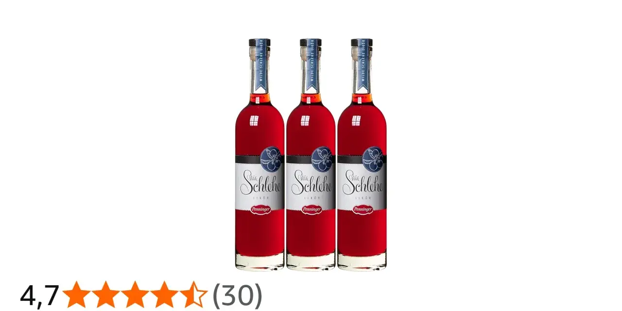 Drei Flaschen Penninger Wilde Schlehe Likör, ein köstlicher sloe gin mit tiefroter Farbe und fruchtigem Aroma.