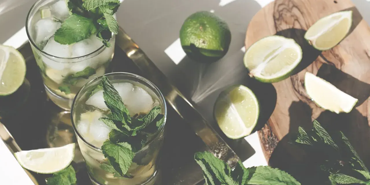 Erfrischendes Mojito Rezept: Gläser mit Eis, Minze und Limettenspalten auf einem Tablett. Frische Limetten und Minze liegen daneben.