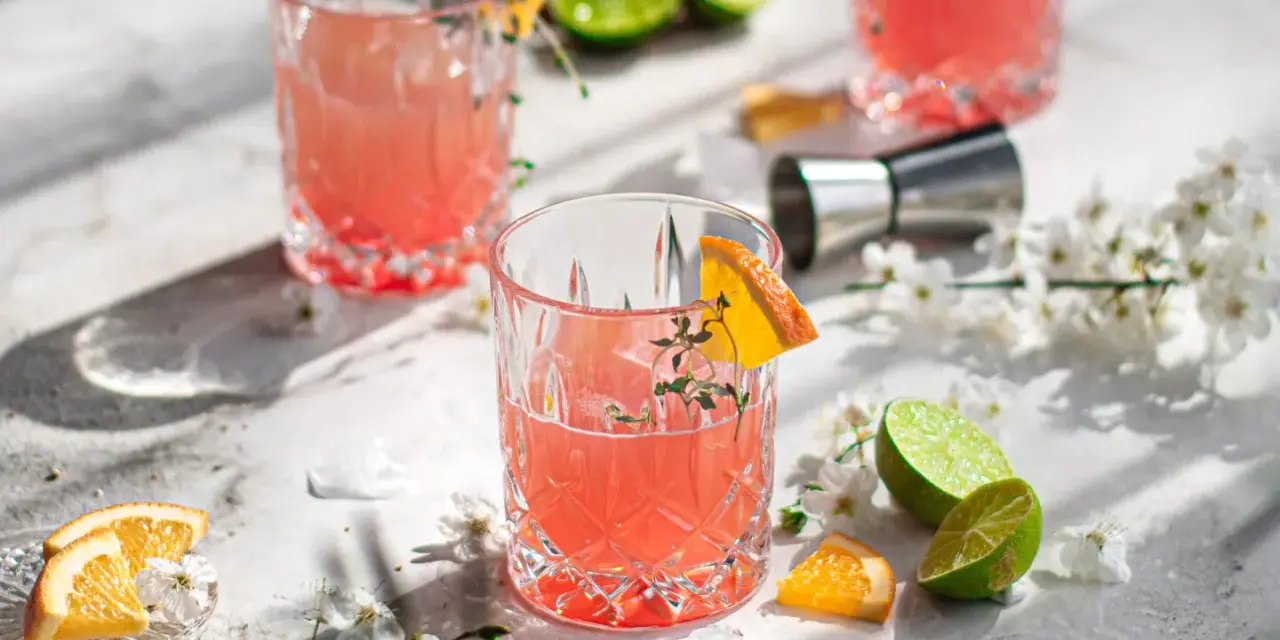 Erfrischende Sommer-Gin-Rezepte: Rosa Cocktails mit Orange und Limette, garniert mit Kräutern und Blüten. Perfekt für warme Tage.