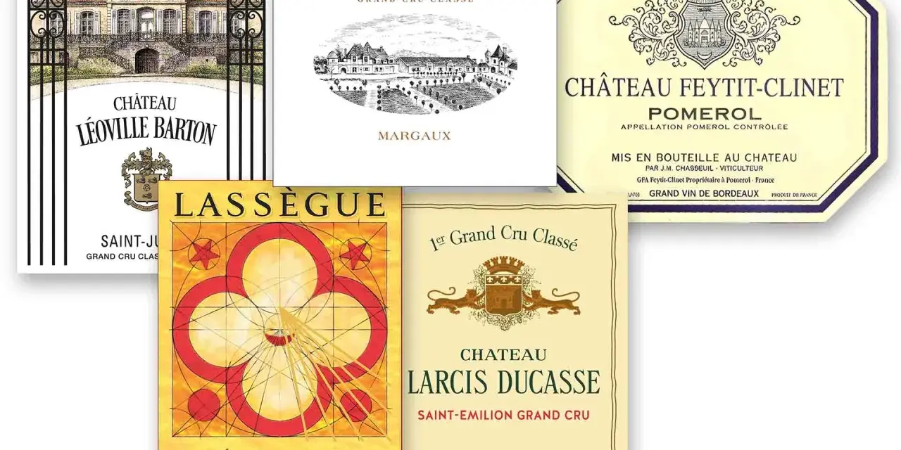 Etiketten von Bordeaux-Weinen, darunter Château Léoville Barton, Rauzan-Ségla und Feytit-Clinet, alle als Grand Cru Classé ausgezeichnet.