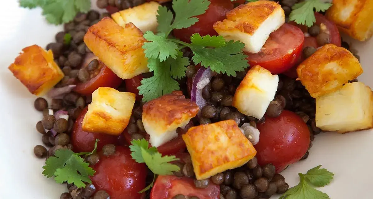 Ausgefallene Salate: Linsensalat mit gebratenem Halloumi, Kirschtomaten und Koriander. Ein bunter und leckerer Genuss.
