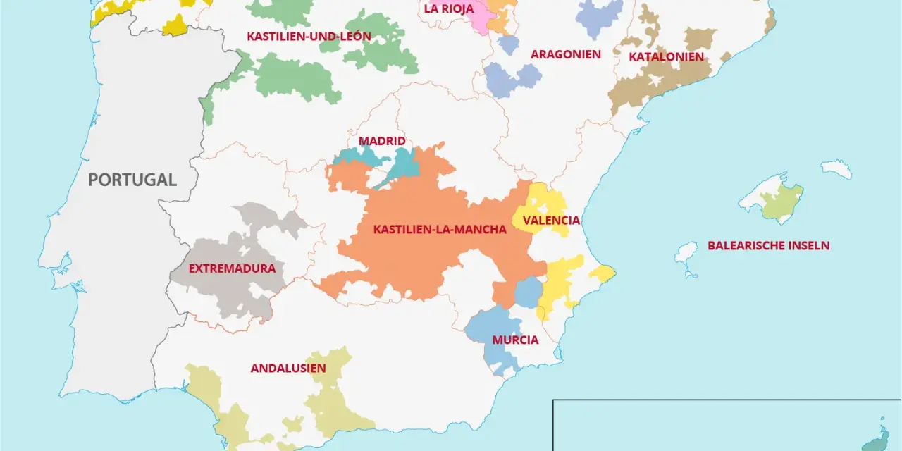 Karte der spanischen weinanbaugebiete: Galicien, Kastilien-La Mancha, Rioja, Katalonien und mehr.