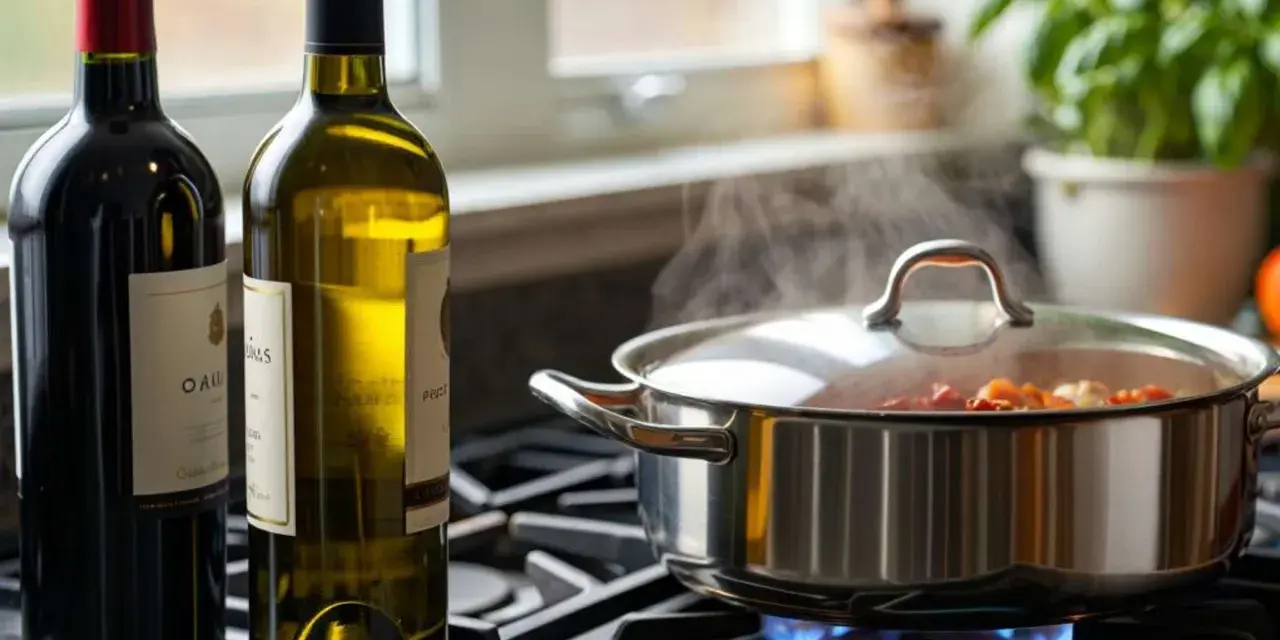 Zwei Flaschen Wein, rot und weiß, stehen neben einem Topf, in dem etwas auf dem Herd köchelt. Die Frage: welcher Wein zum Kochen?
