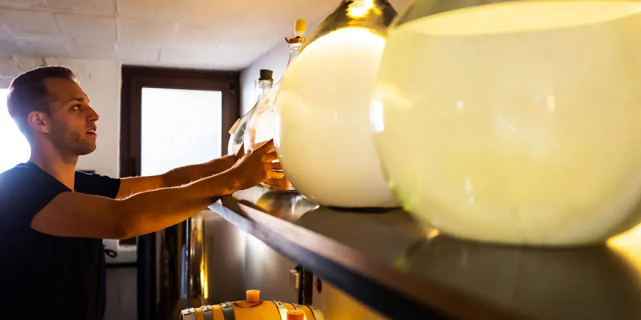 Mann sortiert Flaschen für die Gin-Lagerung. Daneben stehen Fässer und große Glasballons.