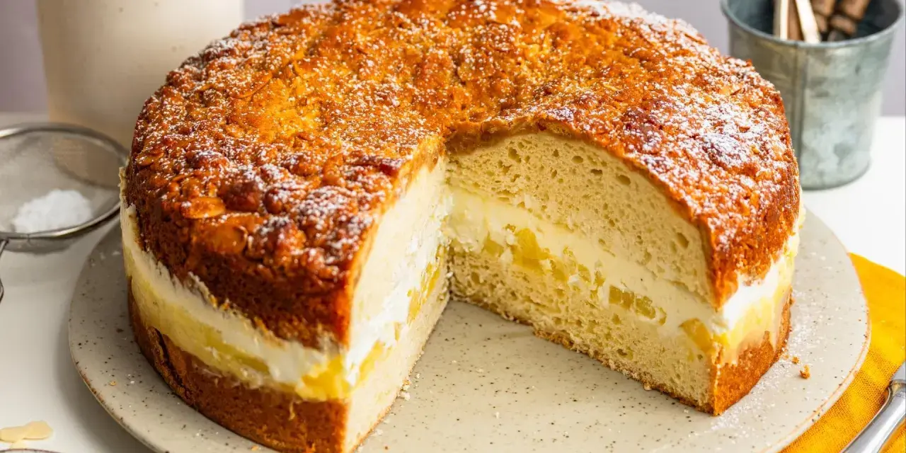Ein köstlicher Kuchen mit cremiger Füllung und Mandeldecke, inspiriert von Landfrauen Kuchen Rezepten.