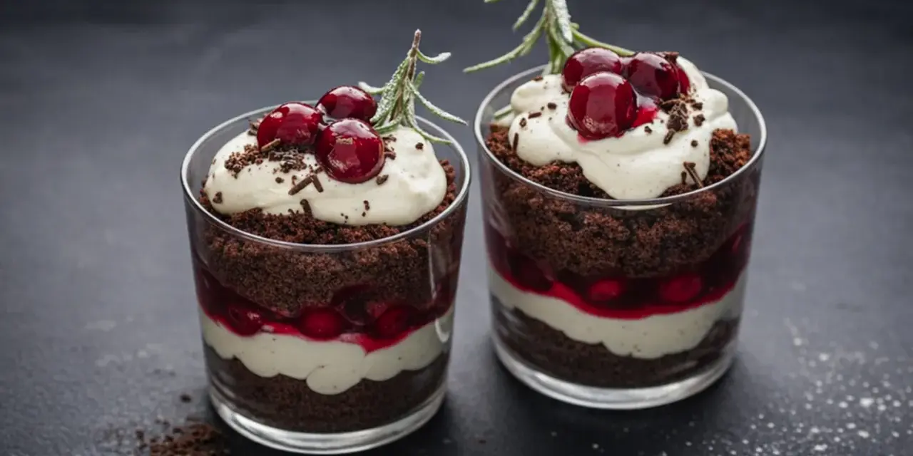 Zwei Gläser mit einem schnellen Dessert mit Kirschen: Schokoladenkuchen, Creme und Kirschen, garniert mit frischen Kirschen und Rosmarin.