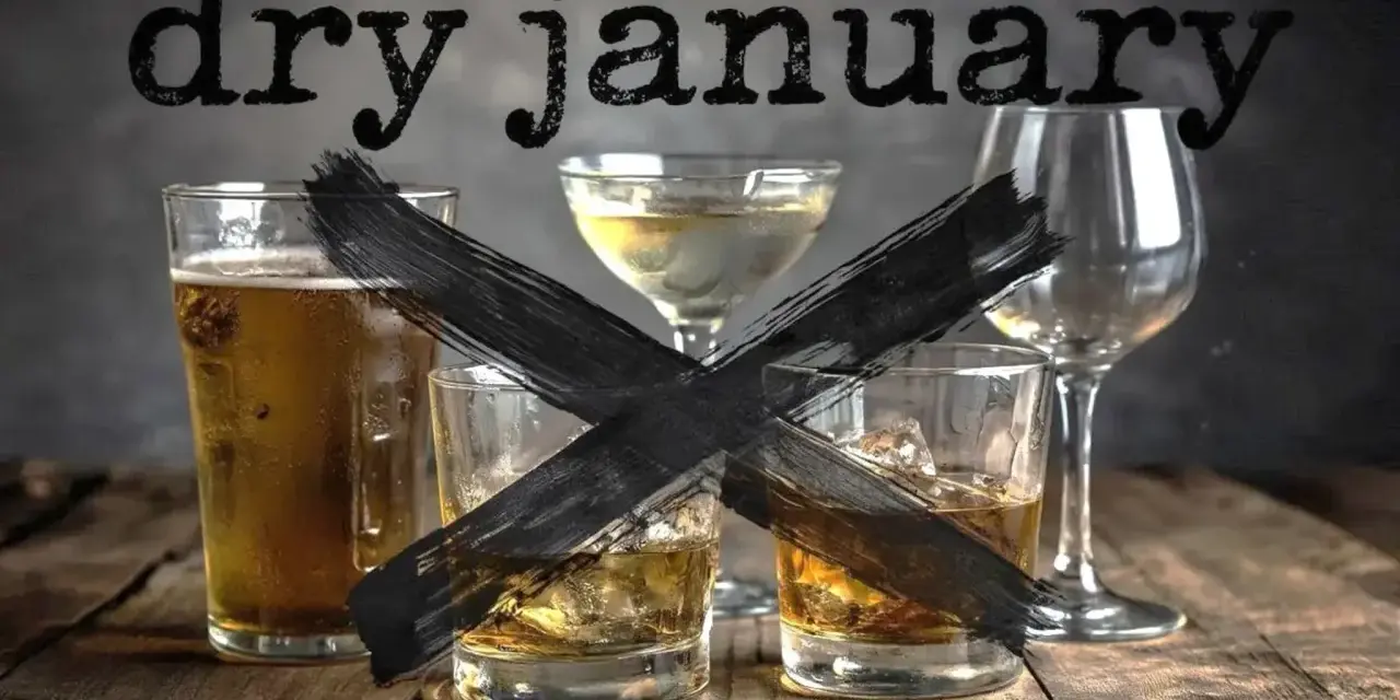 Glas Bier, Whiskey und Sekt mit schwarzem Kreuz. Der Text "dry january" steht darüber.