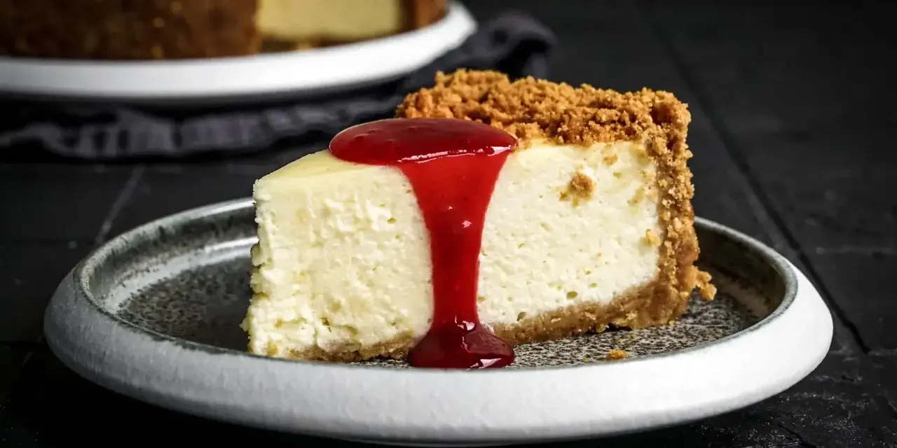 Ein Stück cremiger American Cheesecake mit Keksboden und roter Fruchtsauce. Perfekt für Ihr American Cheesecake Rezept!