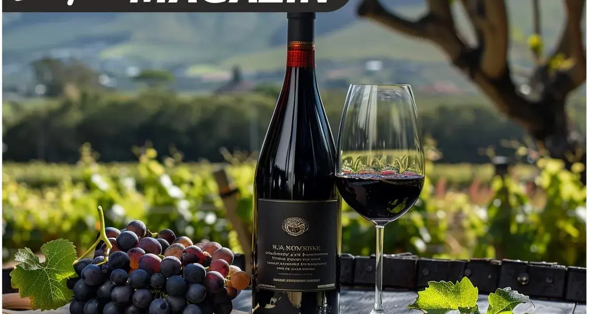 Rotwein Cuvée: Eine Flasche und ein Glas Rotwein stehen neben frischen Trauben. Ist diese Cuvée gut oder schlecht? Die Weinprobe wird es zeigen.