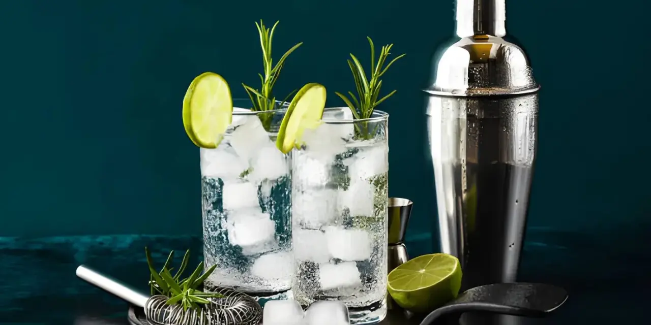 Zwei erfrischende Gin-Tonic-Getränke mit Limettenscheiben und Rosmarin. Perfekt, um zu zeigen, was man mit Gin mischen kann.