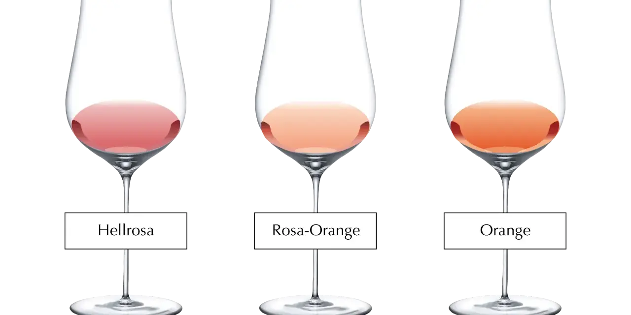 Drei Gläser zeigen den Unterschied zwischen Hellrosa, Rosa-Orange und Orange.
