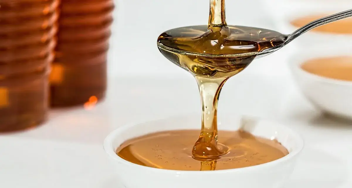 Goldener Sirup fließt von einem Löffel in eine Schüssel. Ob es sich um Agavendicksaft oder Honig handelt, ist schwer zu sagen.