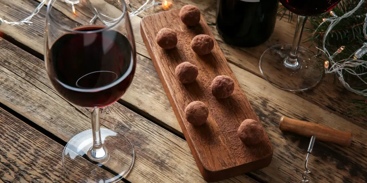 Ein Glas Rotwein und Schokolade-Trüffel auf einem Holzbrett, daneben eine Flasche Rotwein und Lichterketten.