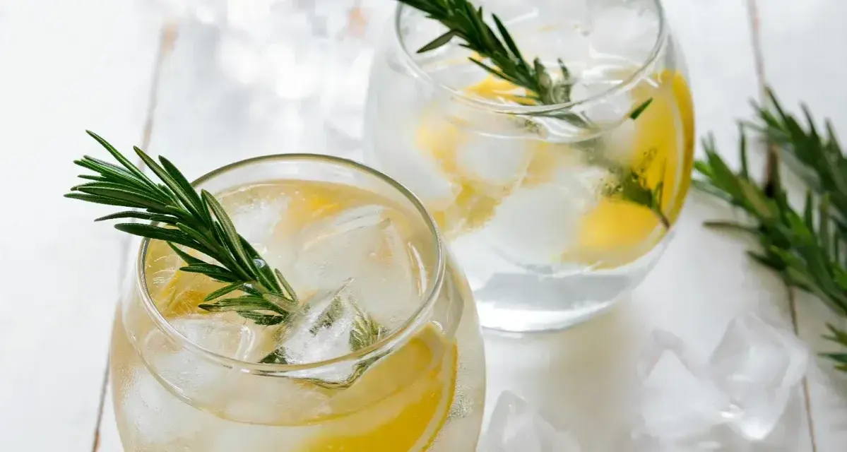 Zwei erfrischende Gin mit Zitrone und Rosmarin, serviert mit Eiswürfeln auf weißem Holz.
