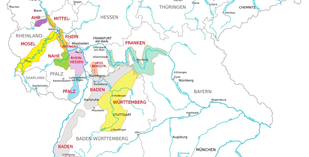 Karte zeigt die deutschen Wein-Anbaugebiete wie Mosel, Rhein, Franken und Baden-Württemberg.