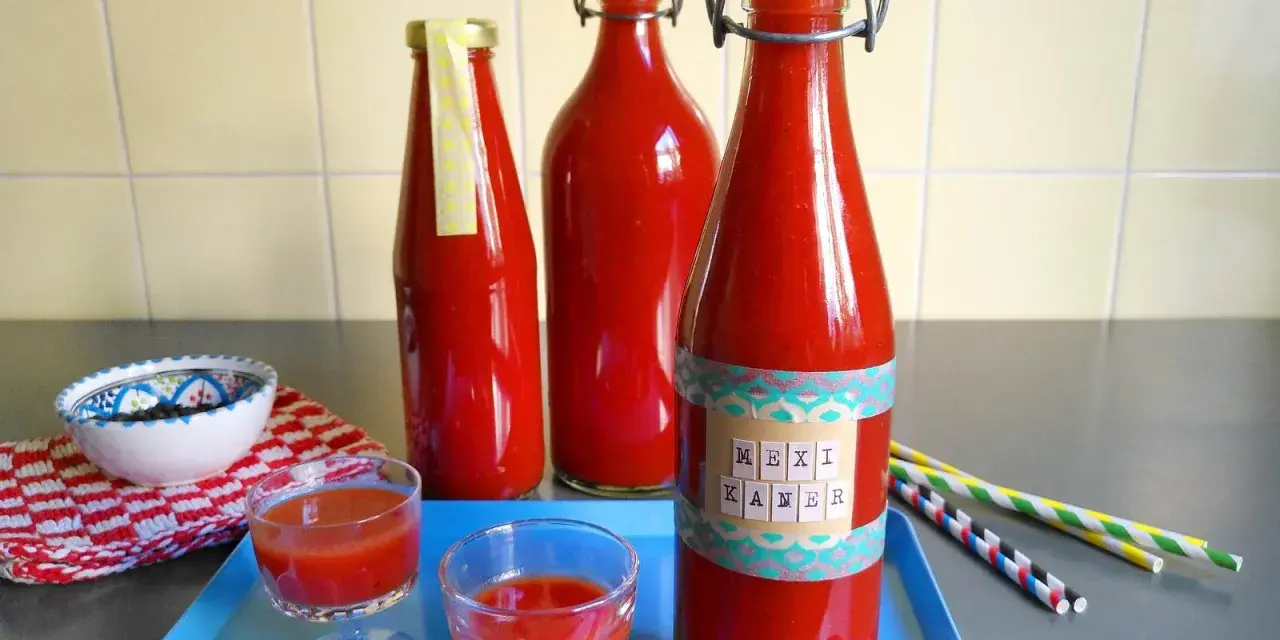 Rot gefüllte Flaschen mit dem Aufdruck "Mexikaner Rezept" und kleine Gläser mit dem Getränk.