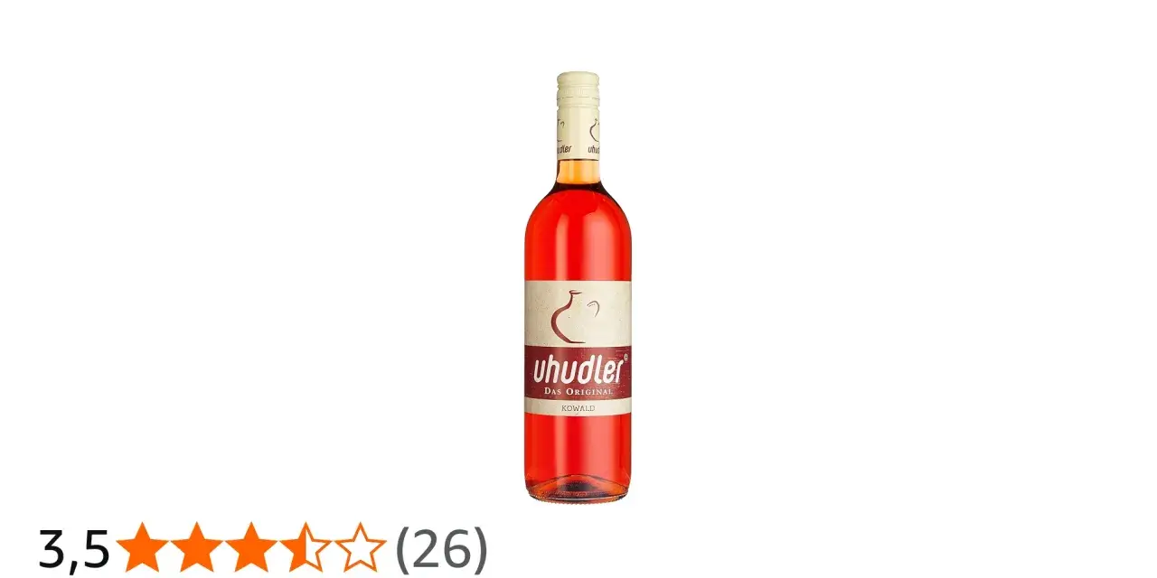 Flasche mit rosafarbenem Uhudler Wein, "Das Original" steht auf dem Etikett.