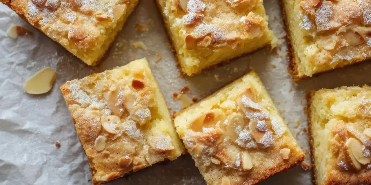 Saftiger Buttermilch Kuchen mit Mandelblättchen und Puderzucker bestreut, auf Backpapier arrangiert.