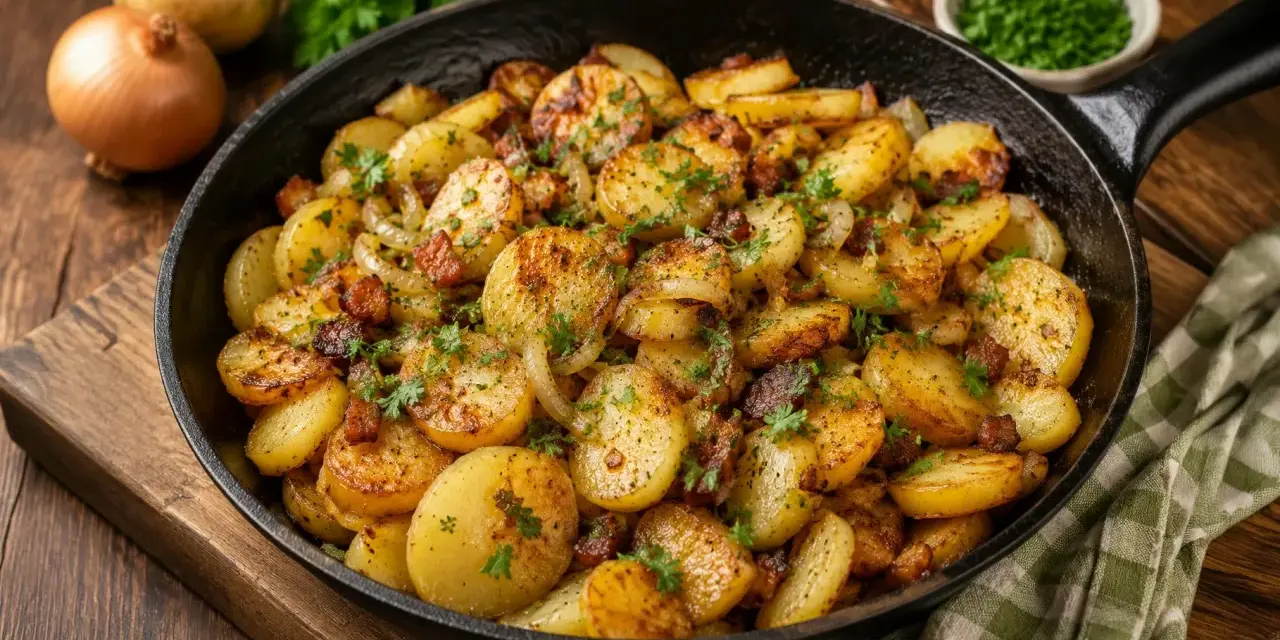 Knusprige Bratkartoffeln mit Speck und Zwiebeln in einer Gusseisenpfanne, garniert mit Petersilie. Ein Klassiker, der einfach unwiderstehlich ist.