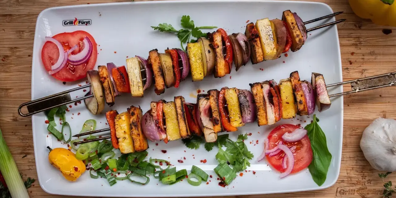 Zwei Spieße mit gegrilltem Gemüse und Tofu, perfekt für ausgefallene Grillrezepte. Bunt und lecker!