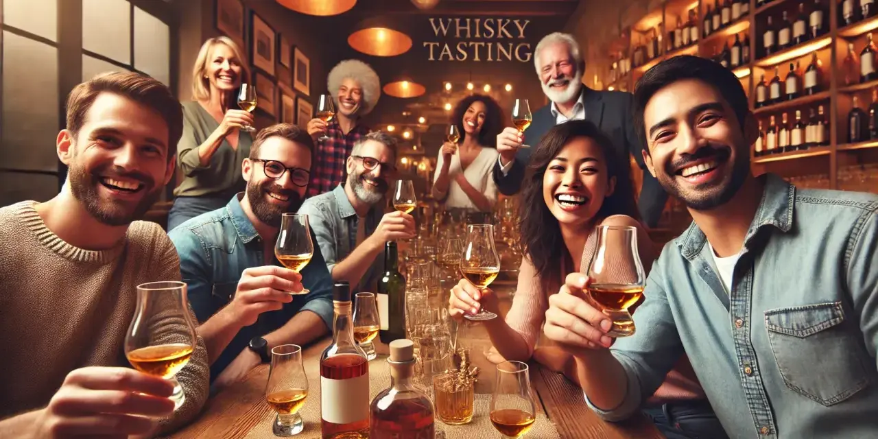 Fröhliche Menschen genießen eine Whisky-Verkostung. Sie halten Gläser mit bernsteinfarbener Flüssigkeit und lächeln. Man fragt sich, wie schmeckt whiskey?
