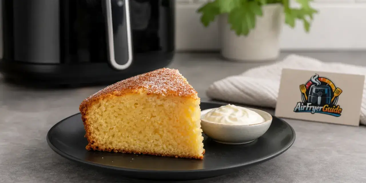Ein saftiges Stück Kuchen im Airfryer, serviert mit Sahne. Perfekt für süße Momente!