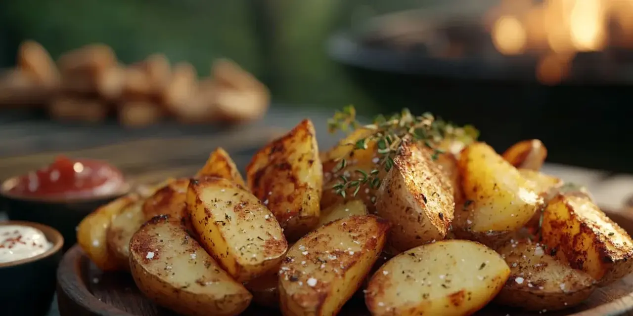Knusprige Kartoffelspalten aus dem Ofen, garniert mit frischen Kräutern, bereit zum Dippen.