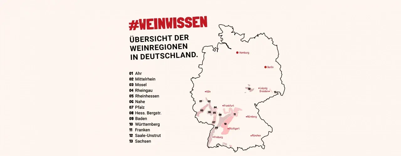 Karte Deutschlands mit hervorgehobenen wein anbaugebieten und deren Nummerierung. #Weinwissen für Genießer.