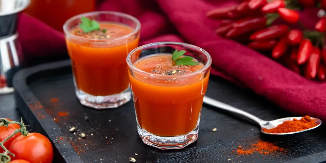 Zwei Gläser würziger mexikanischer Tomatensaft, garniert mit Petersilie, neben frischen Tomaten und Chilis.