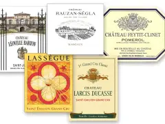 Etiketten von Bordeaux-Weinen, darunter Château Léoville Barton, Rauzan-Ségla und Feytit-Clinet, alle als Grand Cru Classé ausgezeichnet.