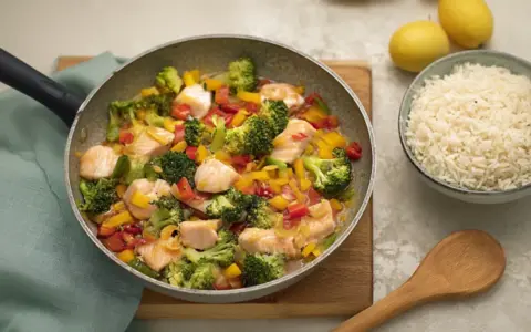 Leckeres Fischpfanne Rezept mit Lachs, Brokkoli und Paprika. Dazu eine Schüssel Reis.