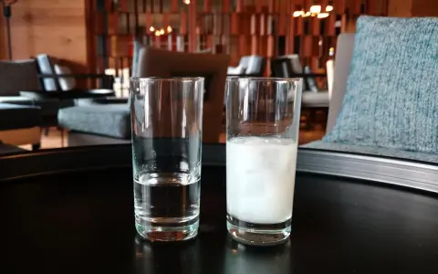 Zwei Gläser auf einem Tisch: eines mit klarem Wasser, das andere mit milchigem Ouzo. Ein Vergleich zwischen Raki und Ouzo.