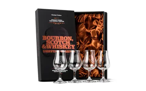 Set mit vier Gläsern für Bourbon, Scotch & Whiskey. Die Box erklärt, was bedeutet Bourbon: ein amerikanischer Whiskey.