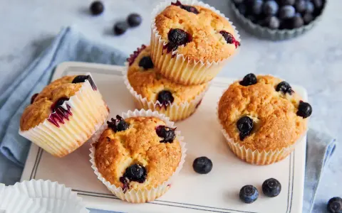 Saftige, vegane Blaubeermuffins mit frischen Blaubeeren, bereit zum Genießen.