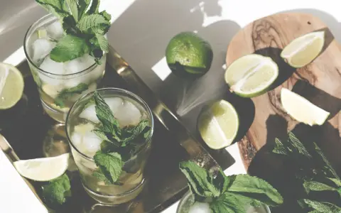 Erfrischendes Mojito Rezept: Gläser mit Eis, Minze und Limettenspalten auf einem Tablett. Frische Limetten und Minze liegen daneben.
