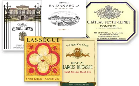 Etiketten von Bordeaux-Weinen, darunter Château Léoville Barton, Rauzan-Ségla und Feytit-Clinet, alle als Grand Cru Classé ausgezeichnet.