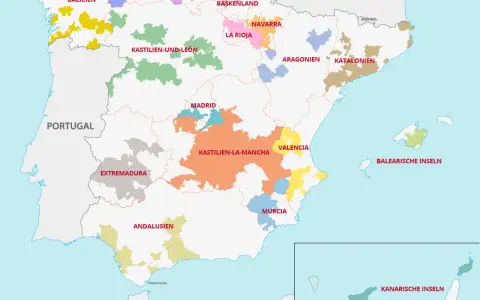 Karte der spanischen weinanbaugebiete: Galicien, Kastilien-La Mancha, Rioja, Katalonien und mehr.