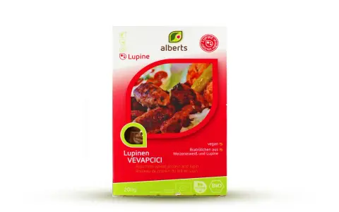 Alberts Lupinen Vevapcici: vegane Bratröllchen aus Weizeneiweiß und Lupine. Hier sind Lupine enthalten.