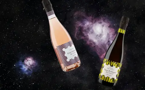 Zwei Flaschen Crémant, eine Rosé, eine Blanc de Blancs, schweben im Sternenhimmel. Was ist Crémant? Ein prickelnder Genuss!