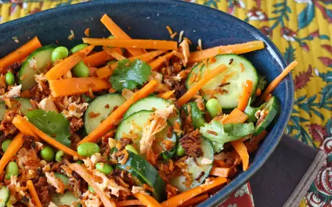 Herzhafte Salate mit Karottenstreifen, Gurkenscheiben, Edamame und zerrupftem Lachs. Knusprige Röstzwiebeln sorgen für Textur.