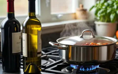 Zwei Flaschen Wein, rot und weiß, stehen neben einem Topf, in dem etwas auf dem Herd köchelt. Die Frage: welcher Wein zum Kochen?