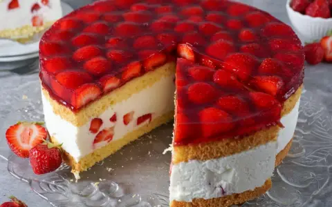Eine **einfache Torte** mit Biskuit, Sahne und vielen frischen Erdbeeren unter rotem Tortenguss. Ein Stück ist bereits angeschnitten.