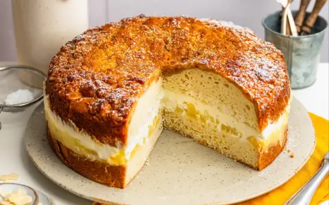 Ein köstlicher Kuchen mit cremiger Füllung und Mandeldecke, inspiriert von Landfrauen Kuchen Rezepten.