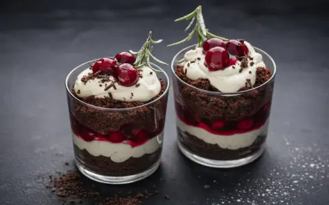 Zwei Gläser mit einem schnellen Dessert mit Kirschen: Schokoladenkuchen, Creme und Kirschen, garniert mit frischen Kirschen und Rosmarin.